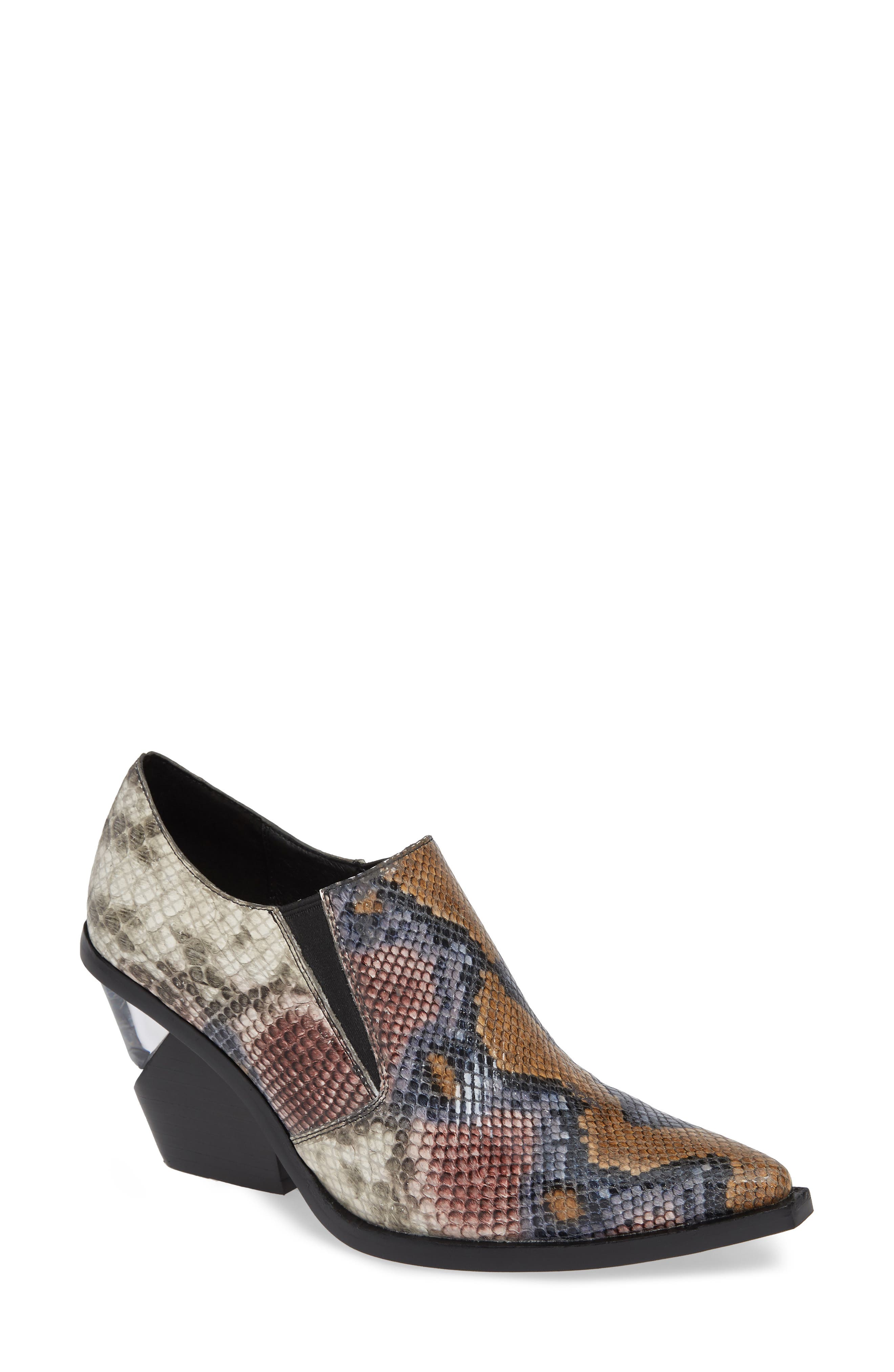 Flux Notched Heel Bootie, Main, color, GREY WINE SNAKE BLACK