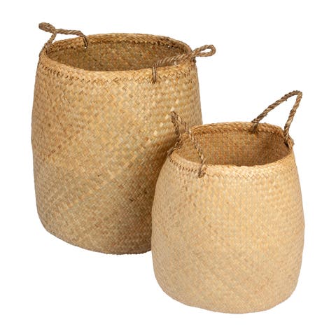 Round Seagrass Storage Baskets with Handles, Natural, Set of 2