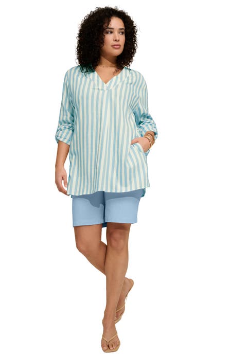 Plus Size Linen Blend Y Neck Roll Tab Sleeve Tunic