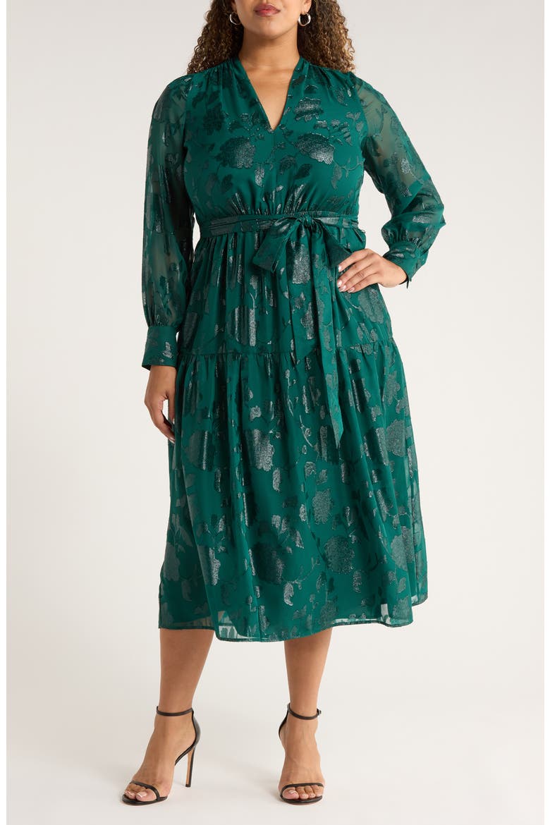 Floral Metallic Long Sleeve Asymmetric Tiered Dress, Main, color, MIDNIGHT PINE