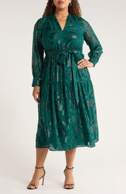 Anne Klein Floral Metallic Long Sleeve Asymmetric Tiered Dress