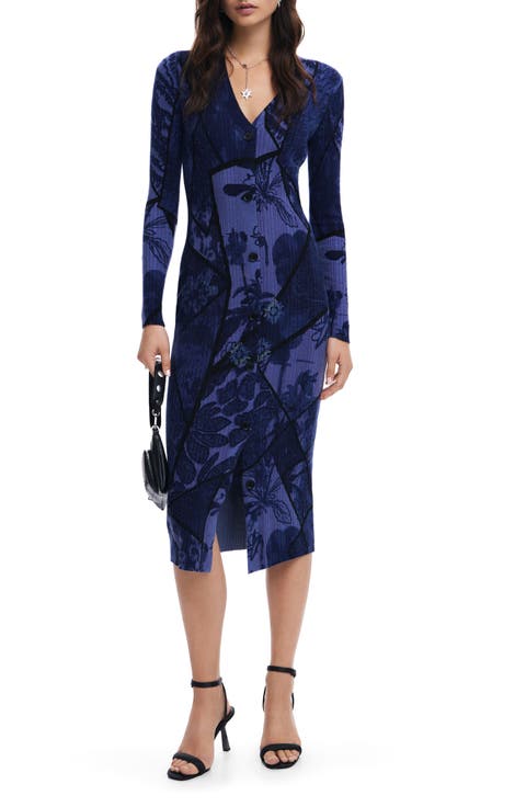 Blue Floral Long Sleeve Button Front Dress