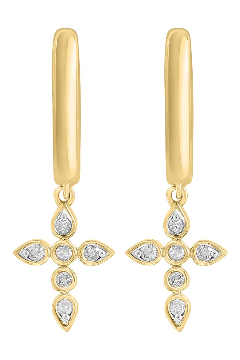 14K Gold Plated Sterling Silver Diamond Cross Drop Huggie Hoop Earrings - 0.06ct., Alternate, color, YELLOW GOLD