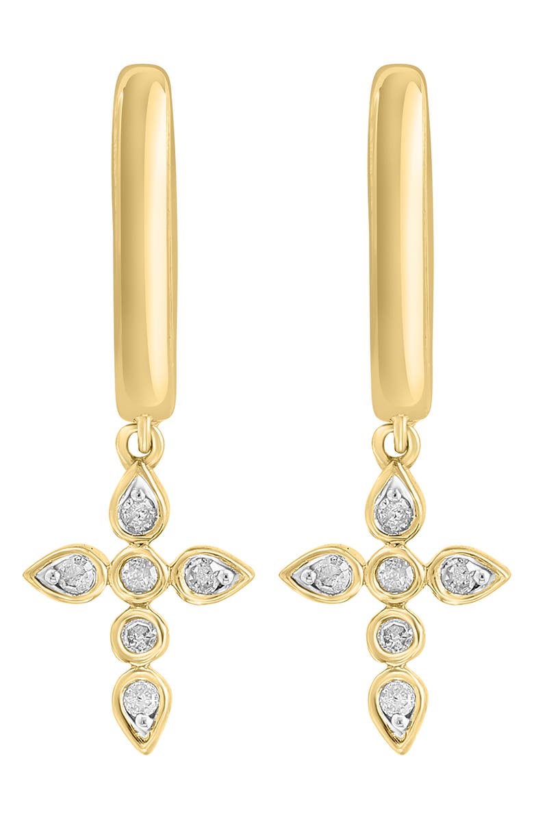 EFFY 14K Gold Plated Sterling Silver Diamond Cross Drop Huggie Hoop Earrings - 0.06ct., Alternate, color, Yellow Gold