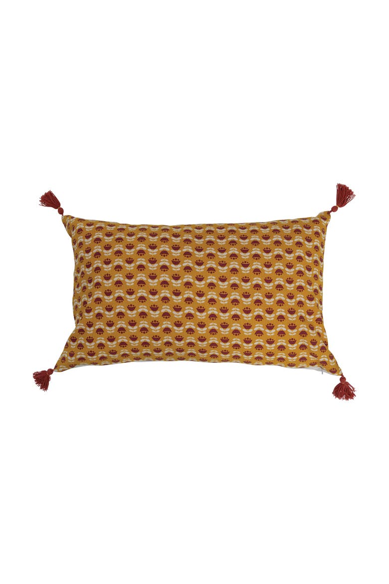 Cotton Slub Lumbar Pillow with Floral Pattern and Tassels, Main, color, Yellow
