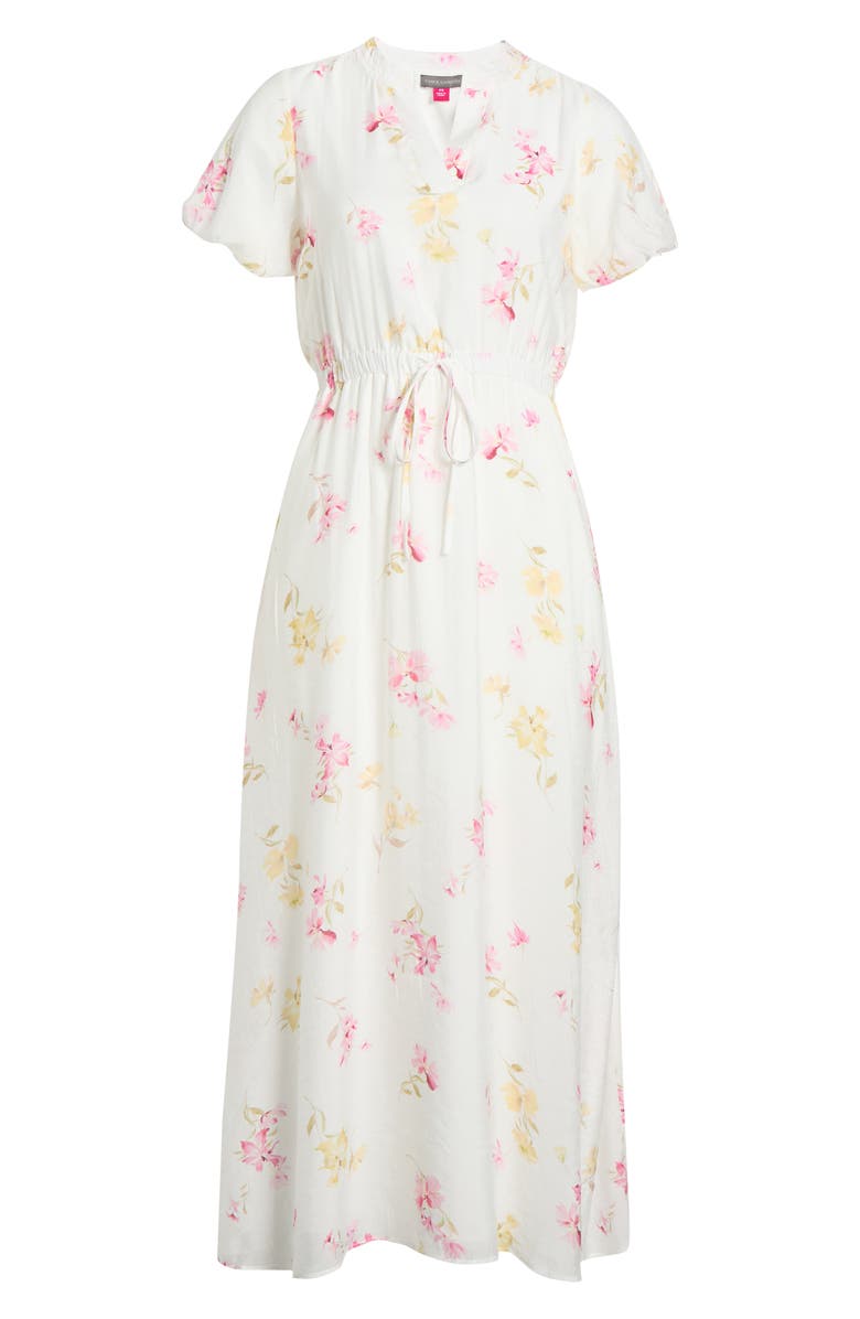 Vince Camuto Floral Split Neck Midi Dress, Main, color, Lemon Cream