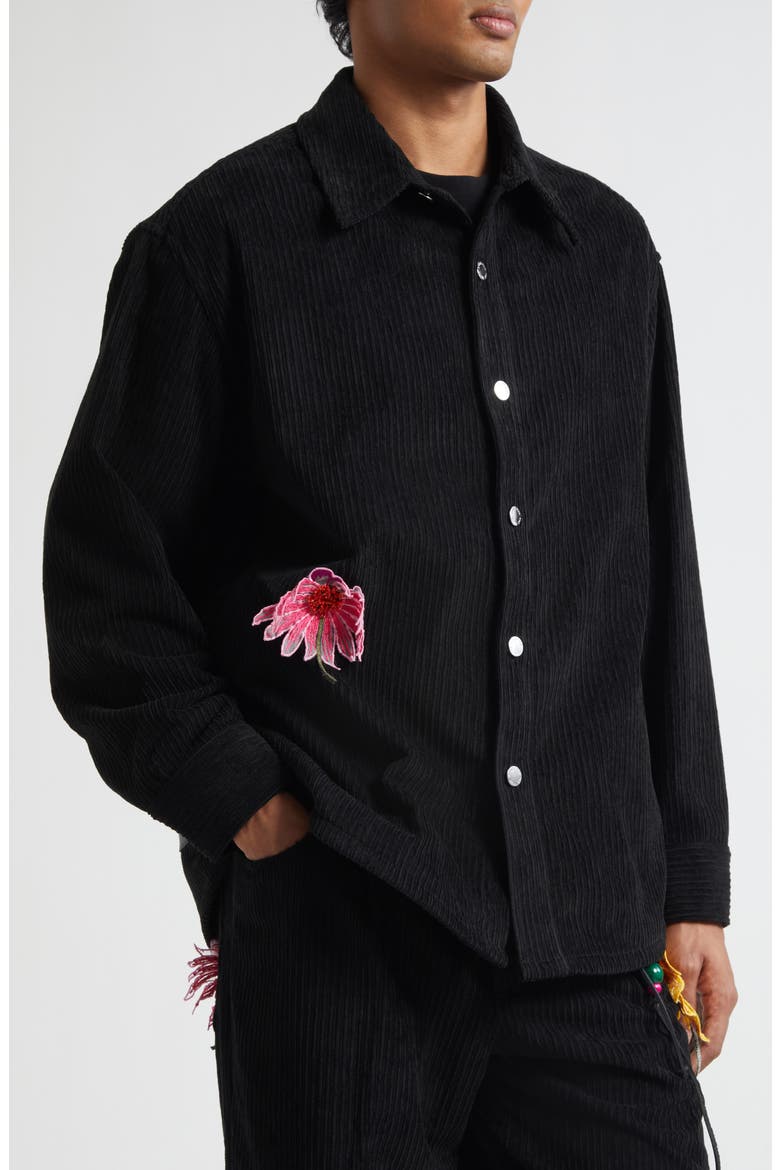 Floral Appliqué Corduroy Shirt Jacket, Alternate, color, BLACK