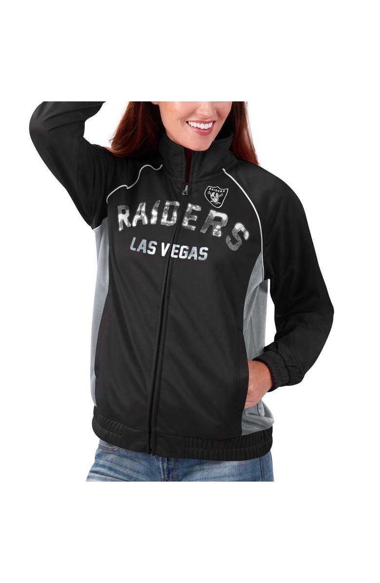 G-III 4HER BY CARL BANKS Women's G-III 4Her by Carl Banks Black/Silver Las Vegas Raiders Backfield Raglan Full-Zip Track Jacket, Alternate, color, 
