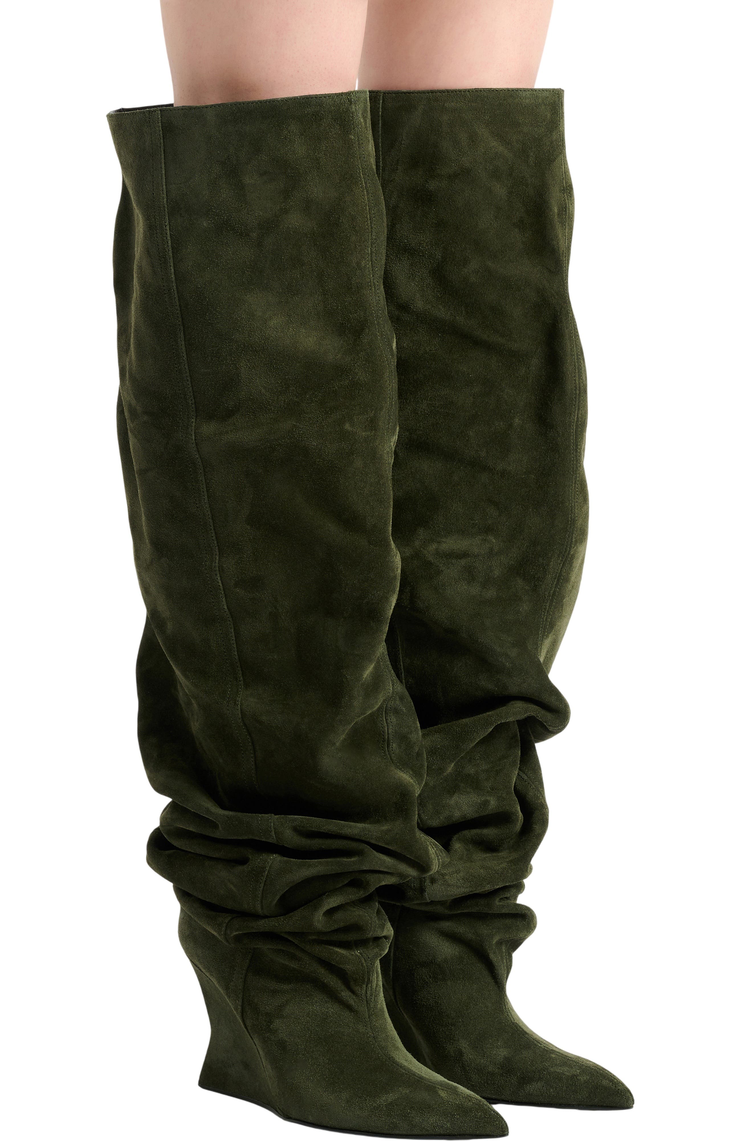 Balmain Suede leather Wedge thigh-high boots, Alternate, color, Khaki
