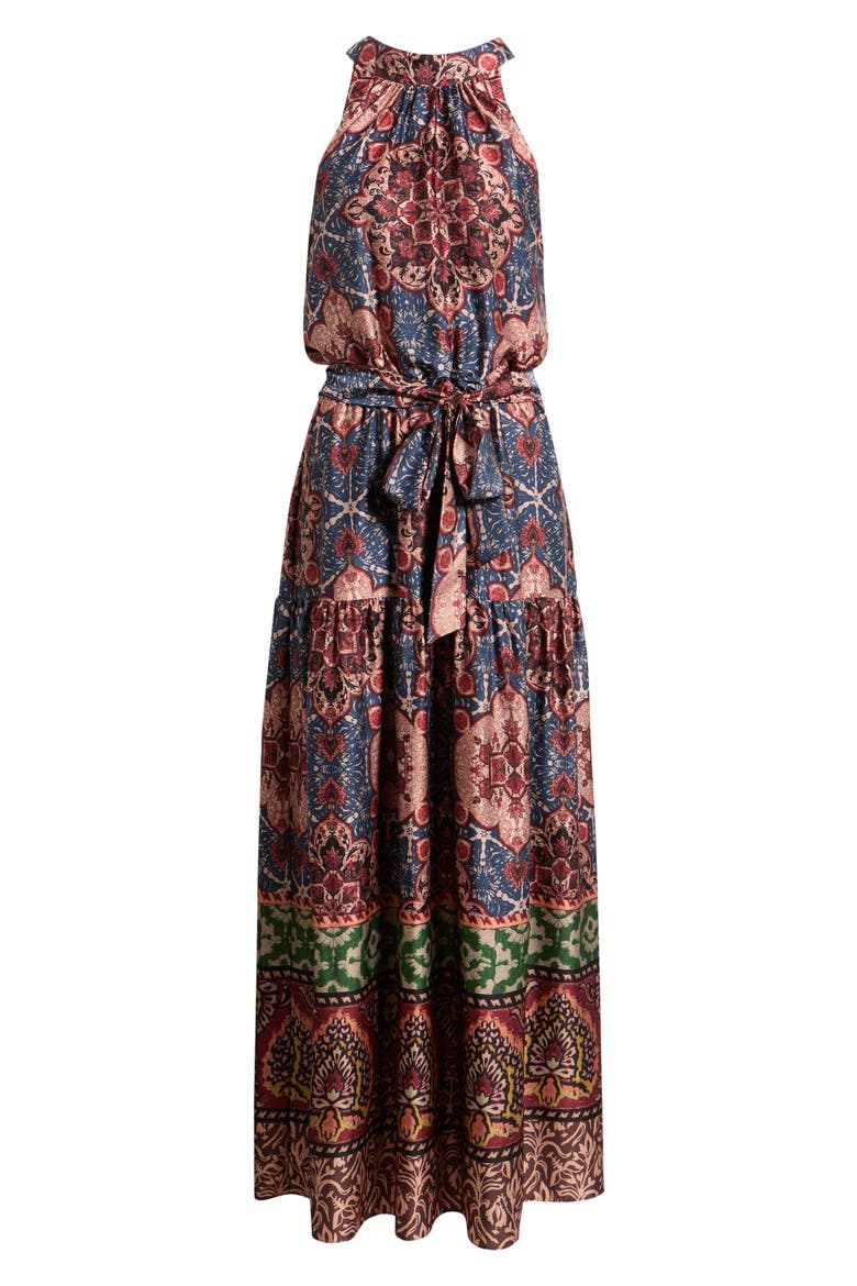 Print Sleeveless Tiered Maxi Dress, Alternate, color, BLUE RUST