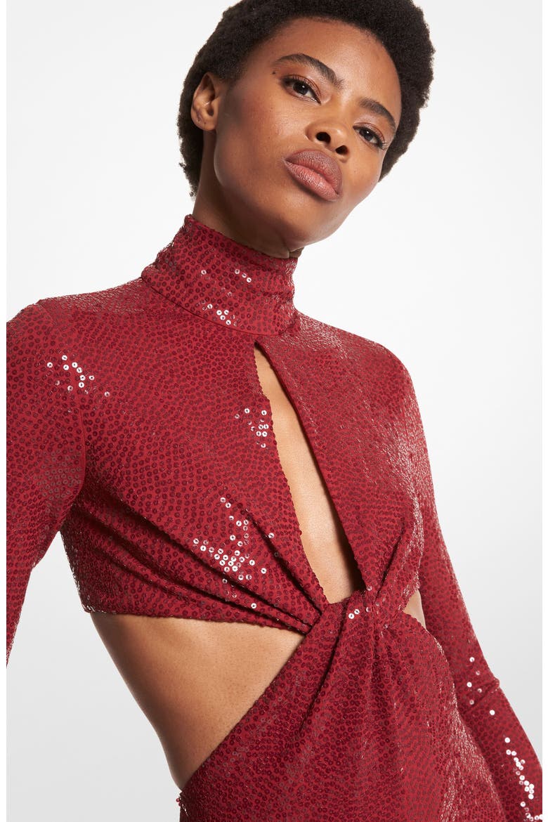 Cutout Detail Long Sleeve Sequin Dress, Alternate, color, MERLOT