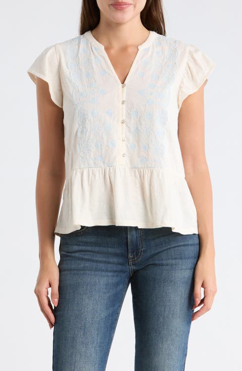 Embroidered Flutter Sleeve Cotton Top