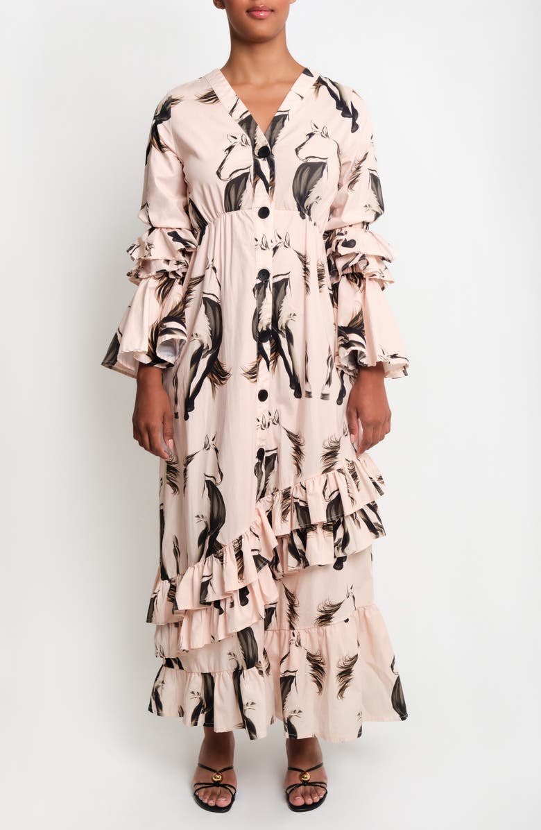 The Lulo Project Gaucho Horse Print Long Sleeve Ruffle Maxi Dress, Main, color, Beige Horses