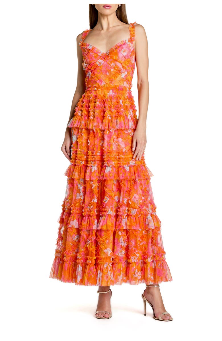 Mac Duggal Sleeveless Floral Ruffle A-Line Maxi Dress, Main, color, Orange Multi