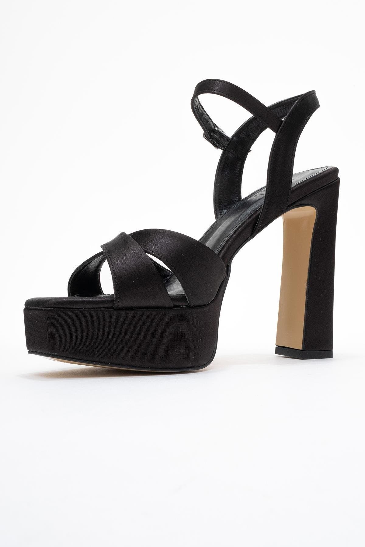 Prologue Shoes Yulia Cross-Strap Platform Heel Sandal, Alternate, color, Black Satin