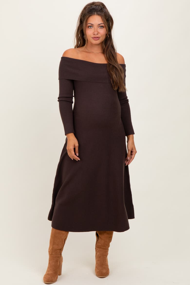 Off Shoulder Sweater Midi Dress, Alternate, color, Brown
