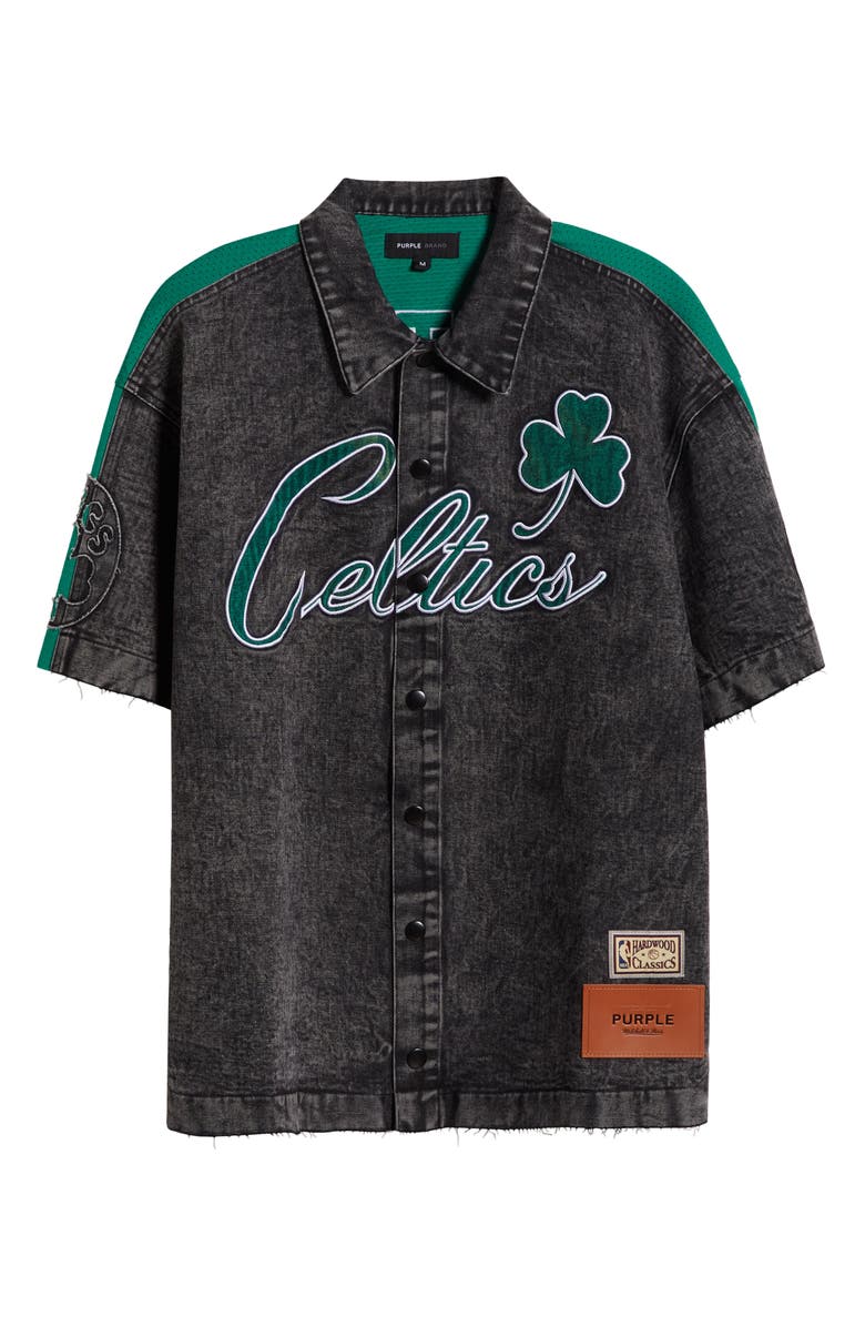 PURPLE BRAND Boston Celtics Mixed Media Short Sleeve Snap-Up Graphic Shirt, Alternate, color,