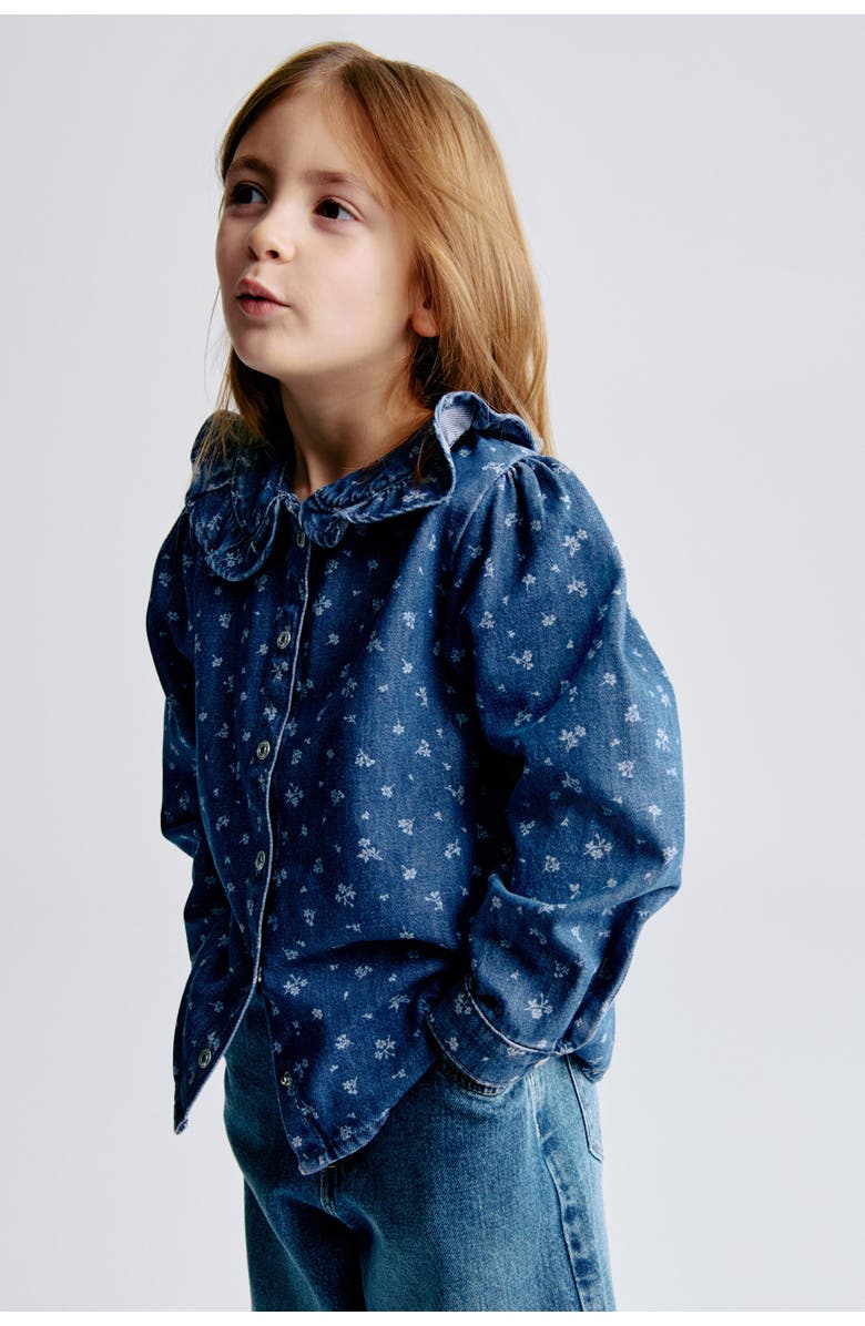 H&M Frill-collar Denim Blouse, Alternate, color, Denim Blue/Floral