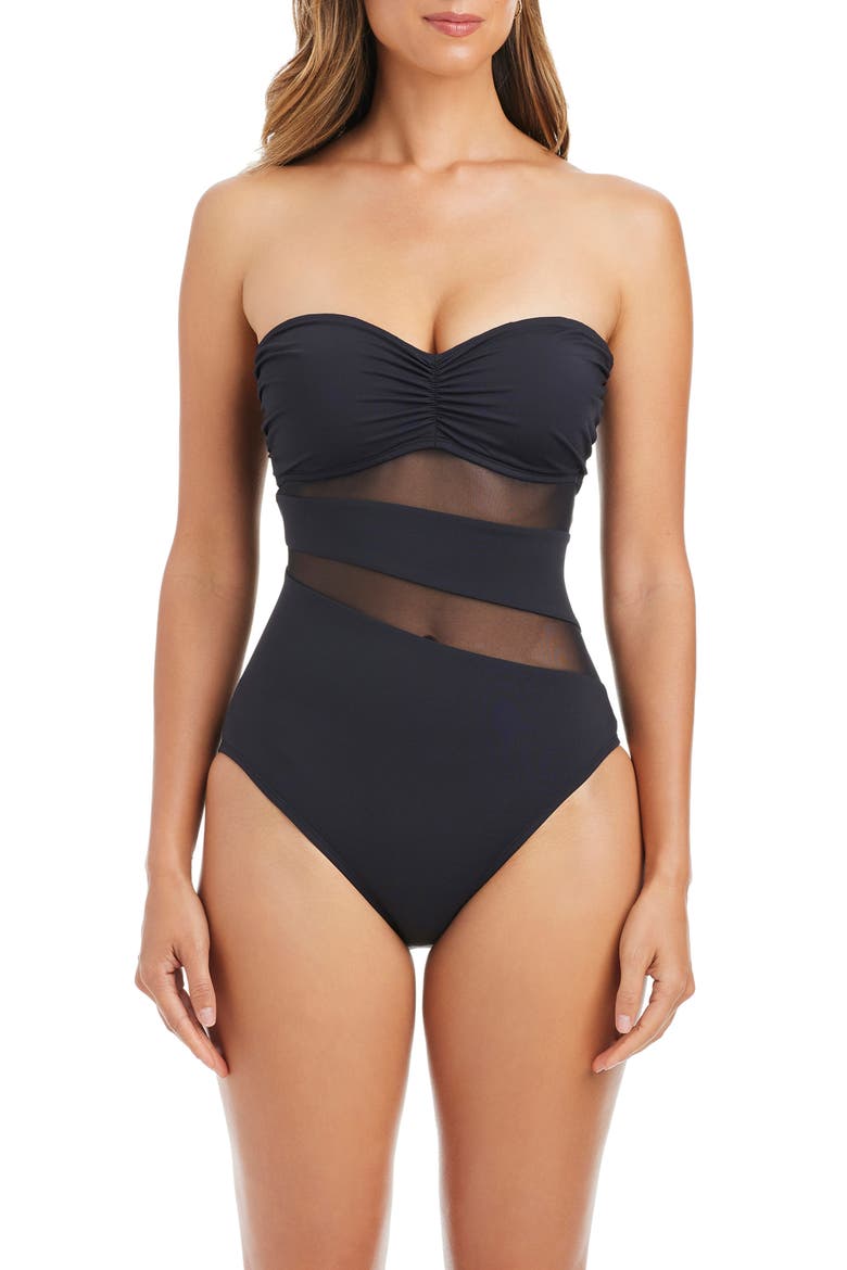 Mesh Inset Bandeau One-Piece Swimsuit, Alternate, color, BLACK