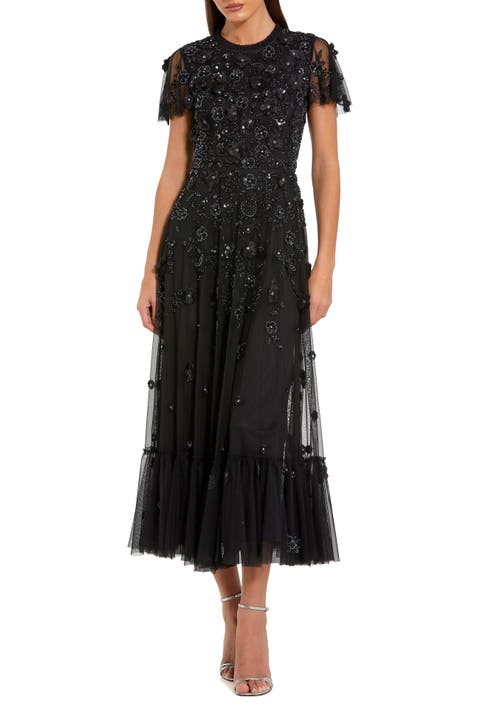Petite Embellished High Neck A-Line Dress with Flutter Sleeves
