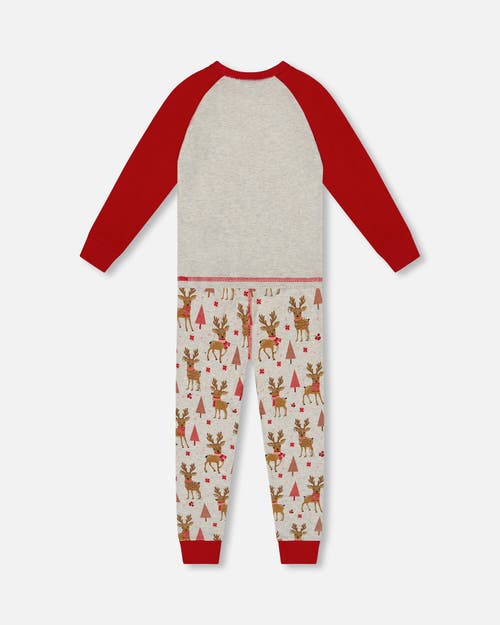 Deux Par Deux Organic Cotton Two-piece Pajamas Girly Reindeer In Multi