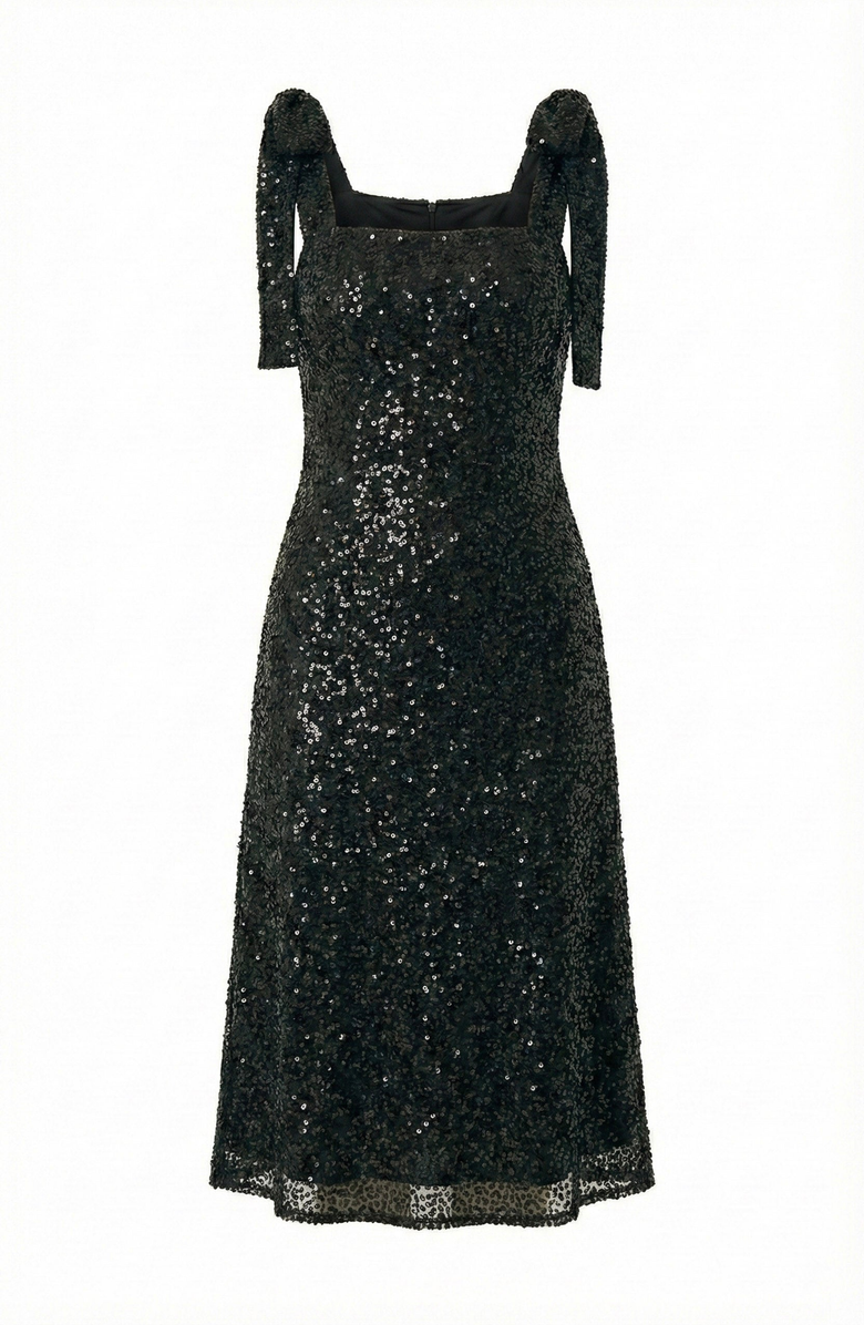 Modenaire Sequin Midi Dress with Tie Straps and Square Neckline, Alternate, color, Black Sequin
