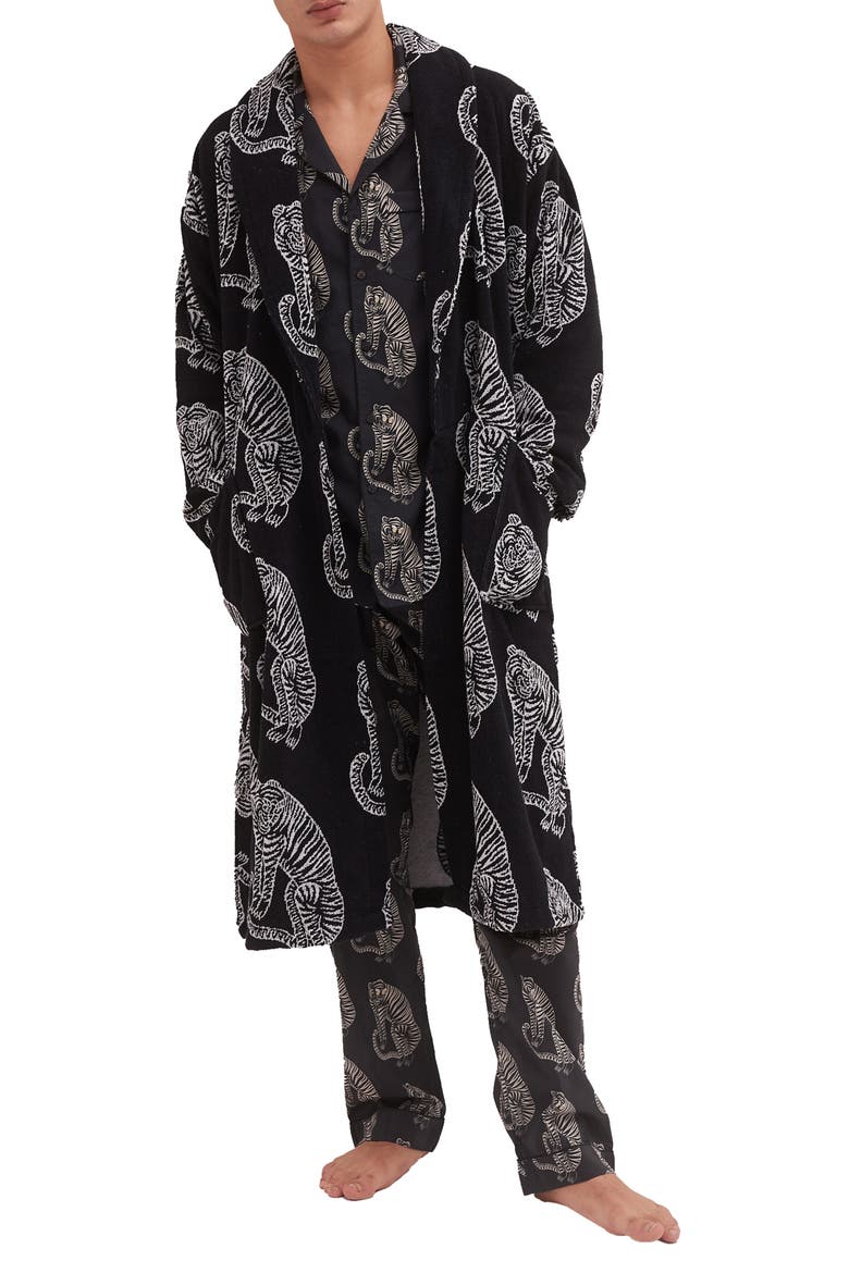 Print Cotton Terry Cloth Robe, Main, color, BLACK/ CREAM