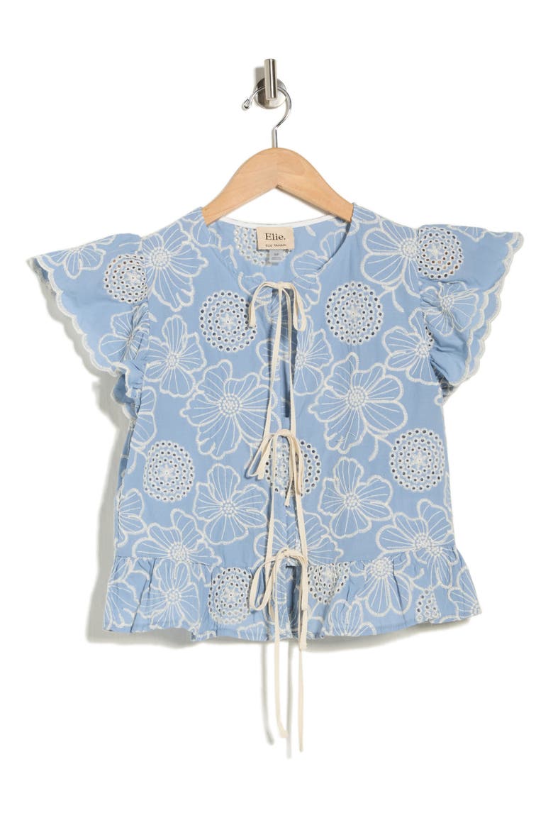 Embroidered Tie Front Top, Alternate, color, CHAMBRAY/ IVORY