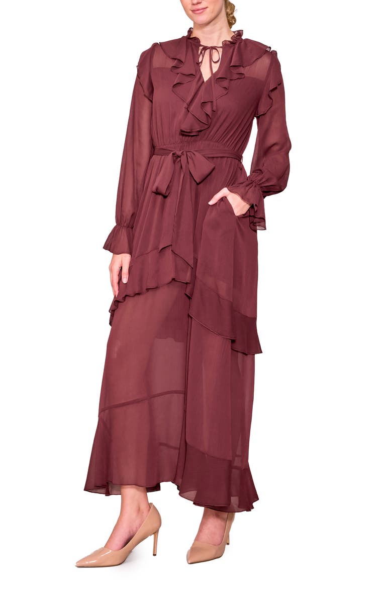 Ruffle Detail Tie Waist Long Sleeve Maxi Dress, Main, color, MAROON