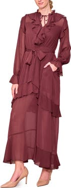 MELLODAY Ruffle Detail Tie Waist Long Sleeve Maxi Dress
