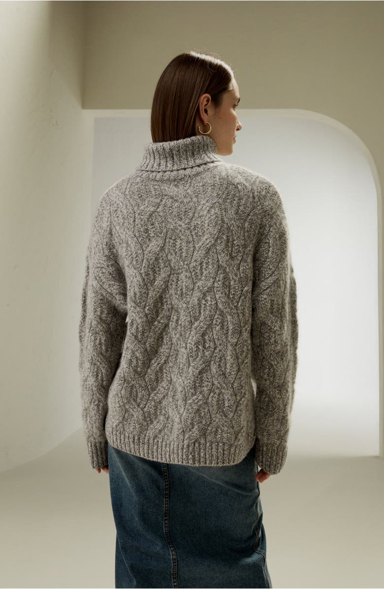 Lilysilk Women's Cable-Knit Cashmere Turtleneck Sweater, Alternate, color, Camel Gray