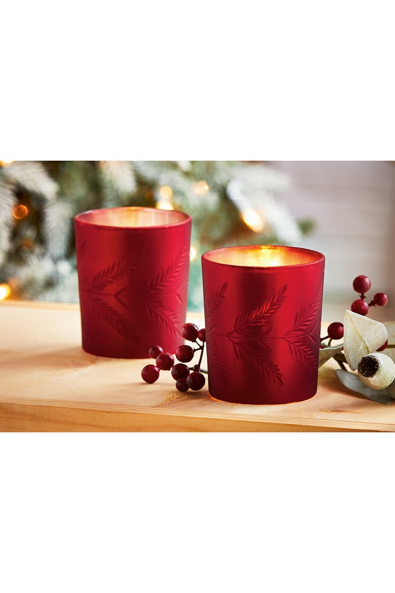 Sprig Etched Tealight Holder Red Glass Candle Holder Christmas, Alternate, color, Red