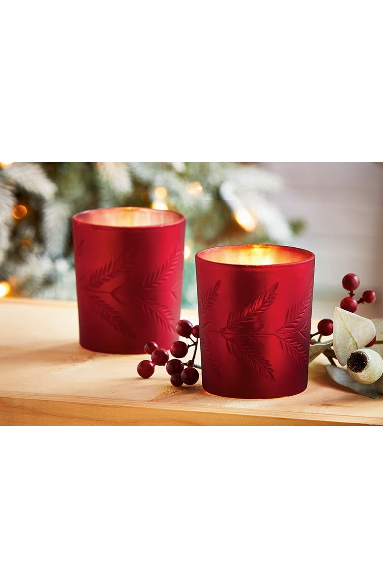 tag Sprig Etched Tealight Holder Red Glass Candle Holder Christmas, Alternate, color, Red