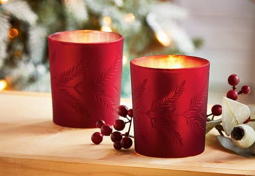 Tag Sprig Etched Tealight Holder Red Glass Candle Holder Christmas In Red