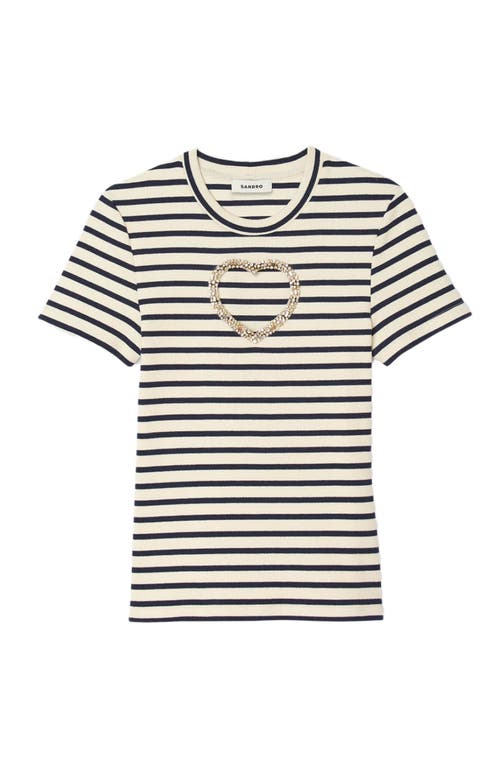 Sandro Womens Ecru Striped Embellished-heart Stretch-cotton T-shirt In White
