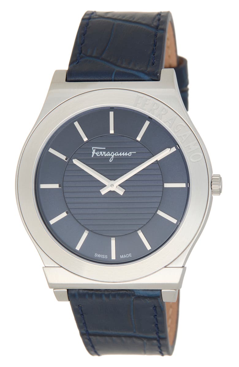 FERRAGAMO Leather Strap Watch, 42mm, Main, color, Slate/ Stainless Steel