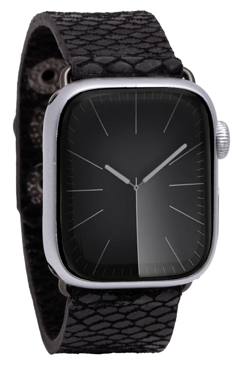Fish Scale Embossed Leather Apple Watch® Watchband, Alternate, color, BLACK