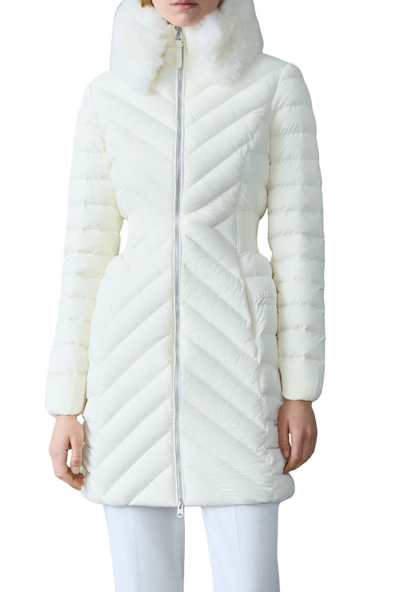 Water Repellent Chevron Quilted Down Coat with Removable Genuine Shearling Collar, Main, color, CREAM