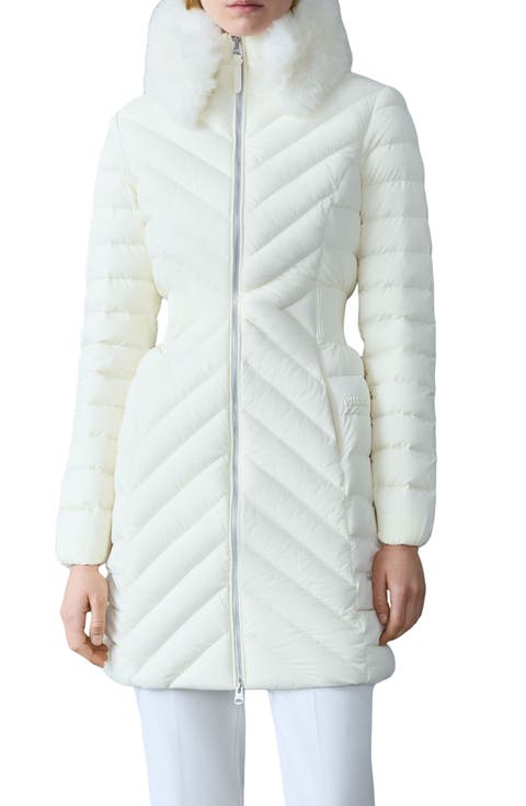 Water Repellent Chevron Quilted Down Coat with Removable Genuine Shearling Collar