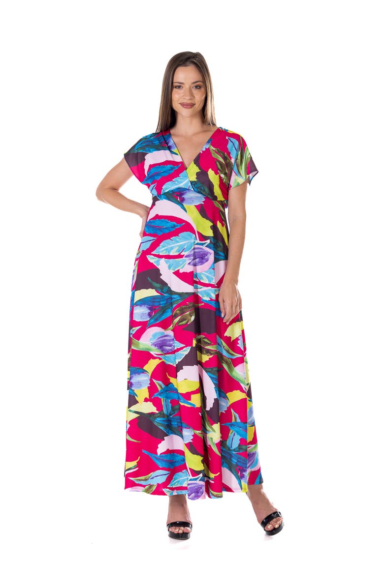 24seven Comfort Apparel Floral Print V-Neck Empire Waist Kimono Cap Sleeve Maxi Dress, Main, color, Pink Multi