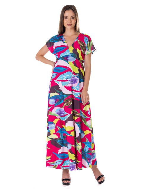 Floral Print V-Neck Empire Waist Kimono Cap Sleeve Maxi Dress