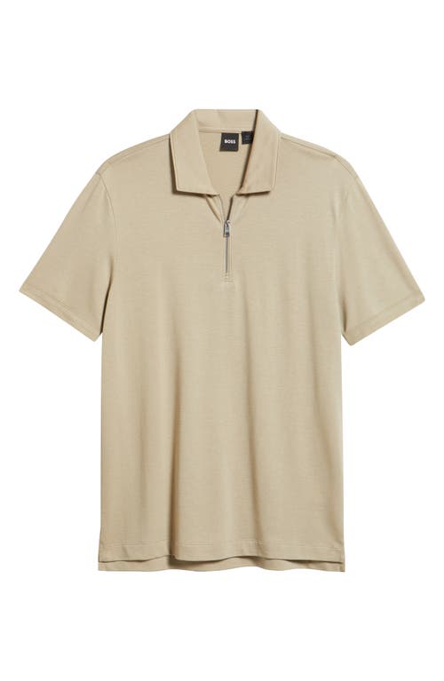 Hugo Boss Boss Paras Piqué Zip Polo In Neutral