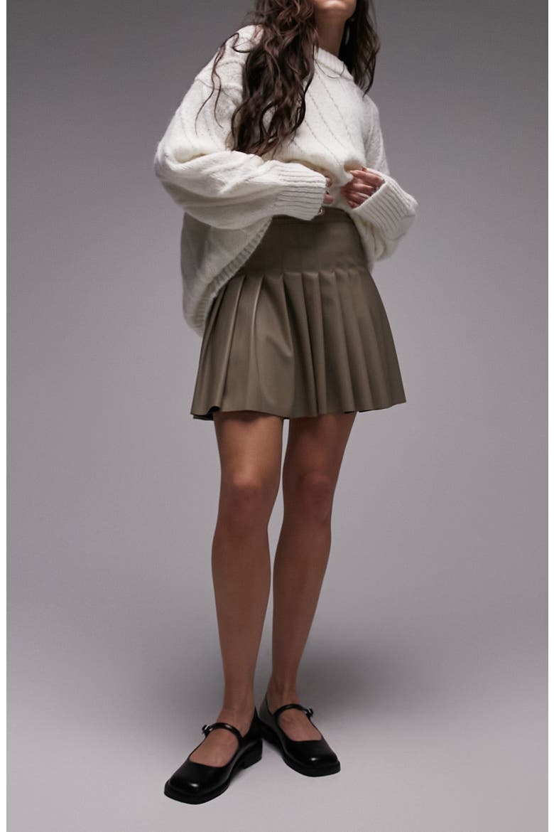 Pleated Faux Leather Miniskirt, Main, color, STONE
