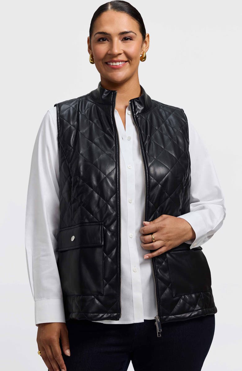 Foxcroft Billie Faux Leather Diamond Quilted Vest, Alternate, color, Black