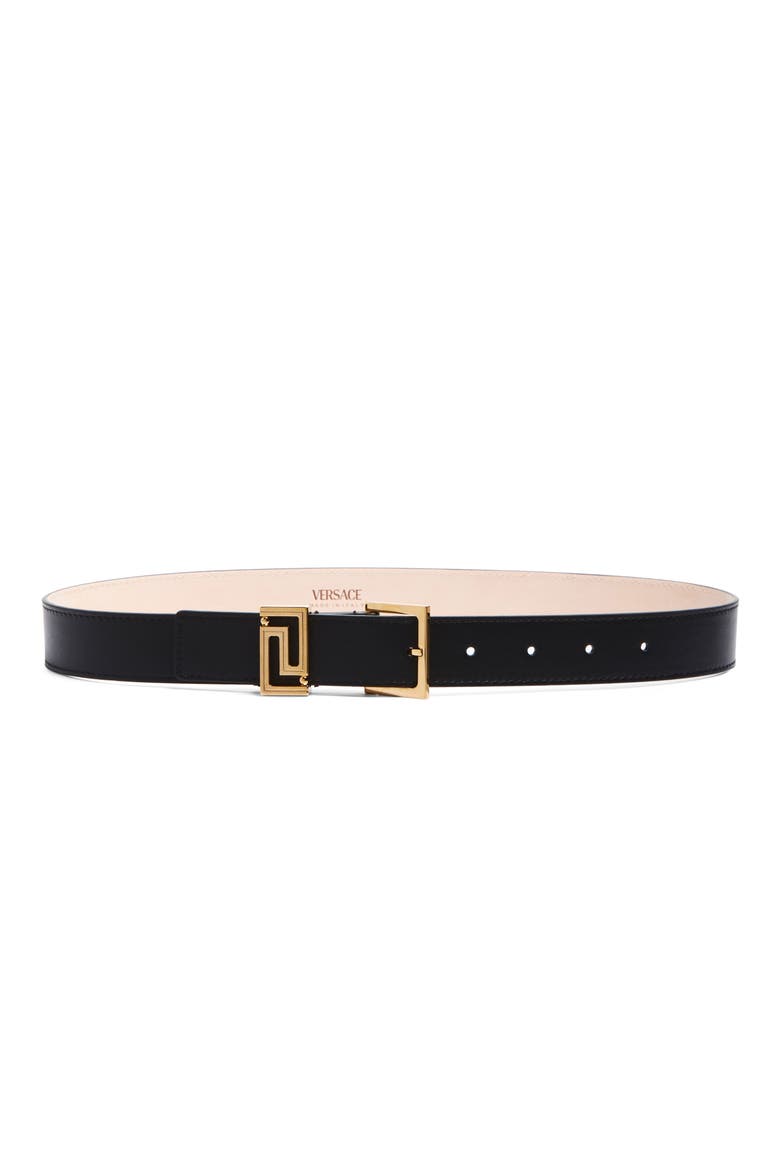 Greca Goddess Leather Belt, Main, color, BLACK-VERSACE GOLD