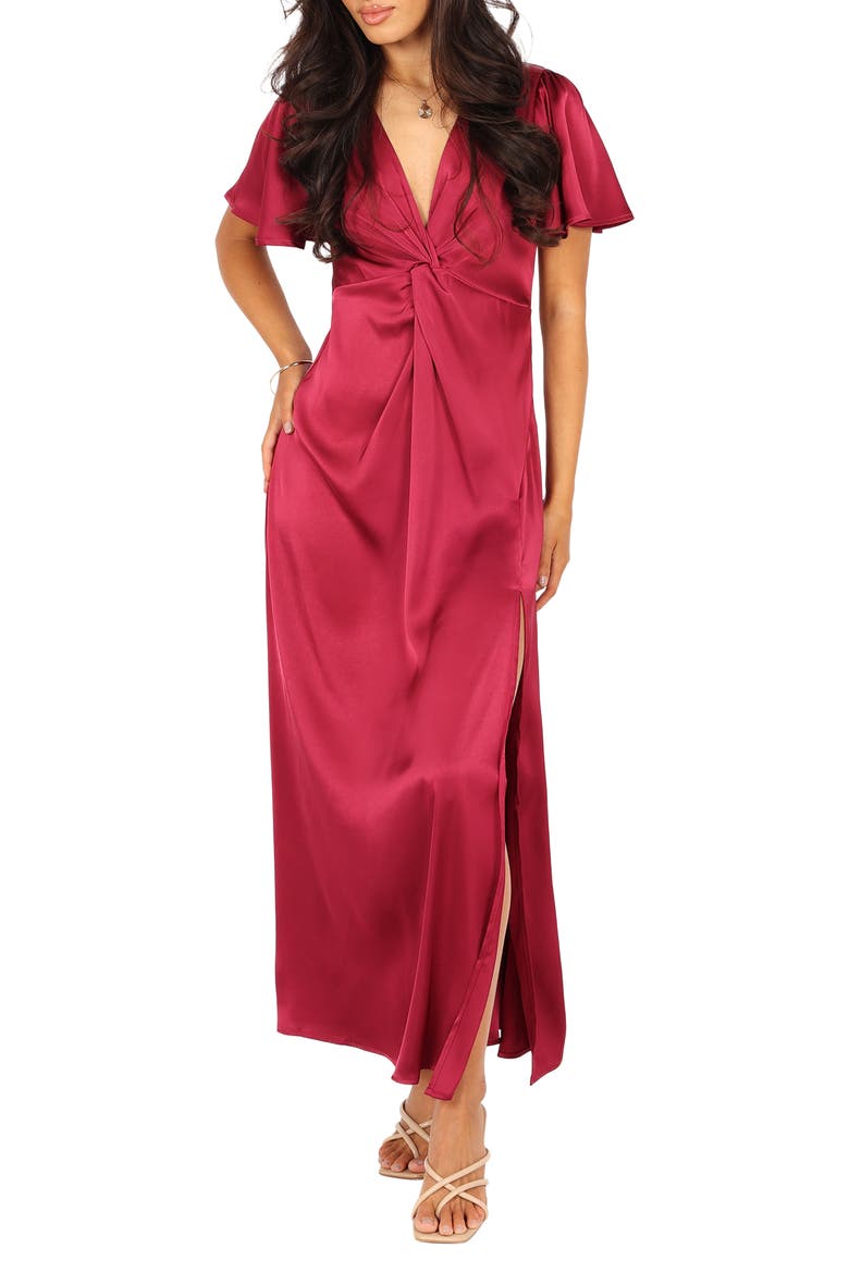 Hathaway Gathered Satin Dress, Main, color, BERRY