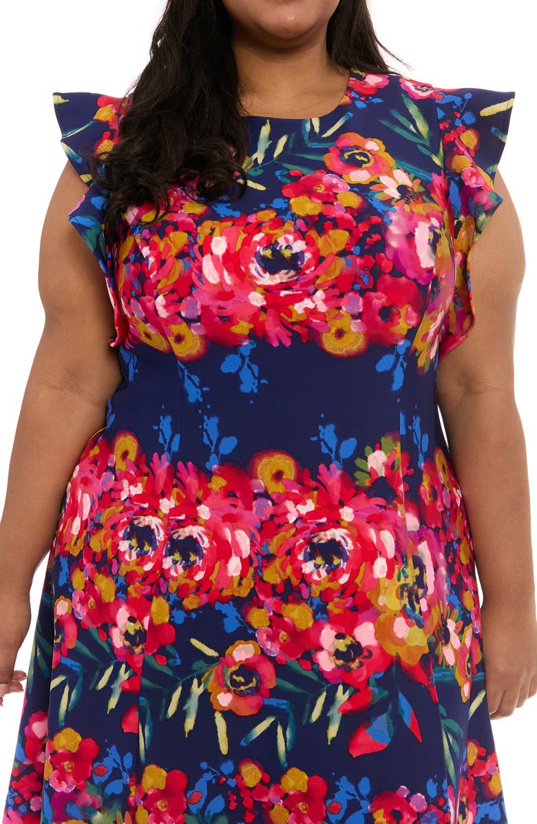 London Times Stripe Scuba Knit Fit & Flare Dress, Alternate, color, Navy/ Raspberry