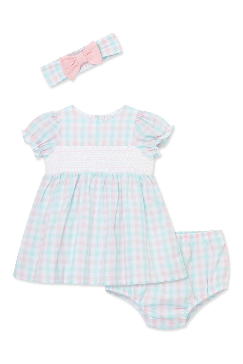 Plaid Puff Sleeve Dress, Bloomers & Headband Set, Main, color, WHITE/ PINK