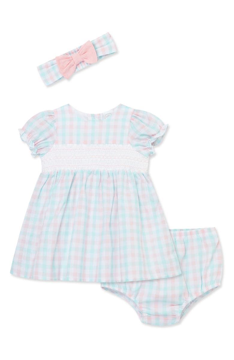 Little Me Plaid Puff Sleeve Dress, Bloomers & Headband Set, Main, color, 