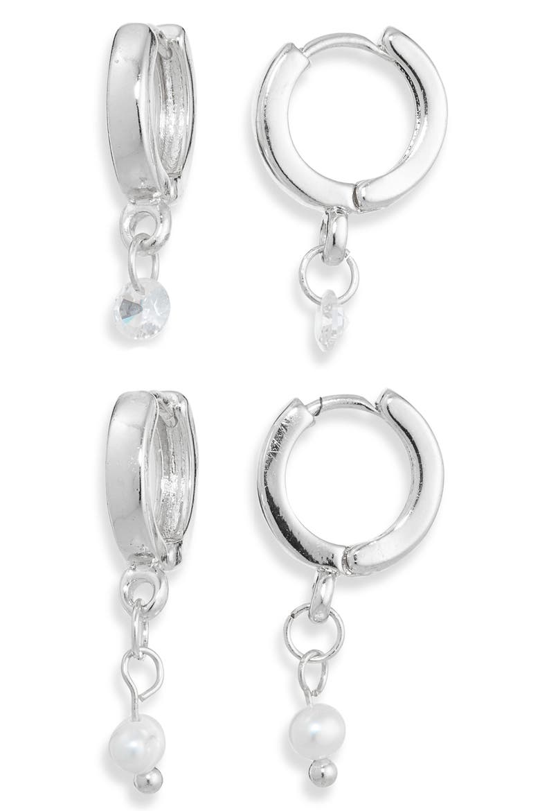 Set of 2 Faux Pearl & Cubic Zirconia Huggie Hoop Earrings, Main, color, CLEAR- SILVER